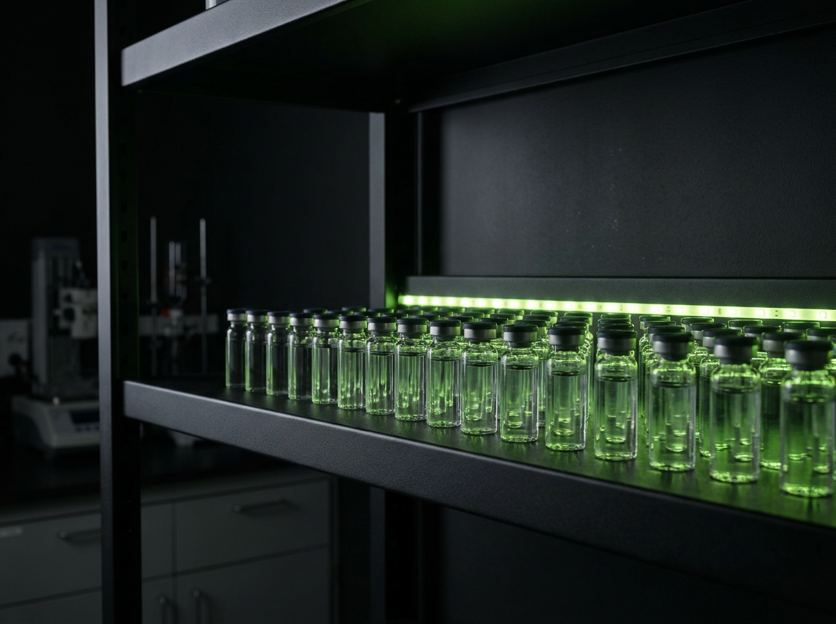 Dark laboratory shelf with sermorelin peptide vials lit by a thin lime accent