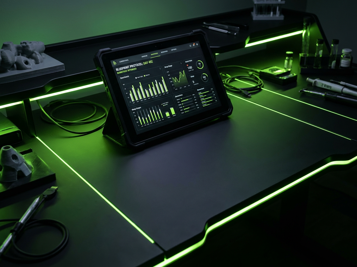 Dark lab interface dashboard showing IGF-1 and protocol tracking data